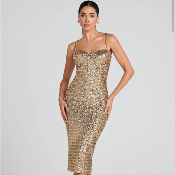 Nadine Merabi Nina Gold sequin midi dress